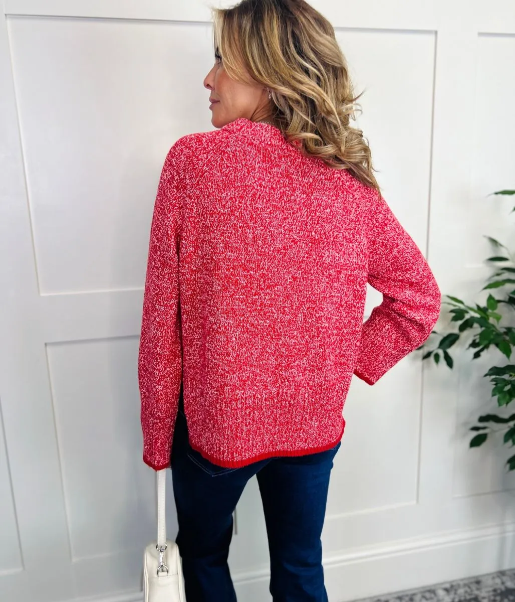 Red Textured Crew Neck Jumper