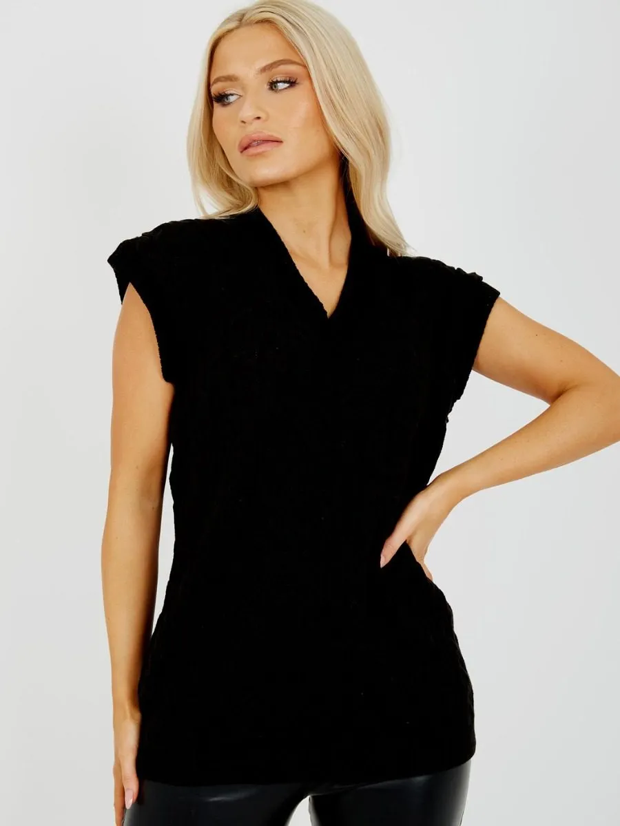 Roberta Cable Knit V-Neck Sleeveless Jumper In Black