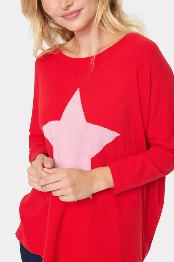 Saint Tropez Star Batwing Jumper Red Pink