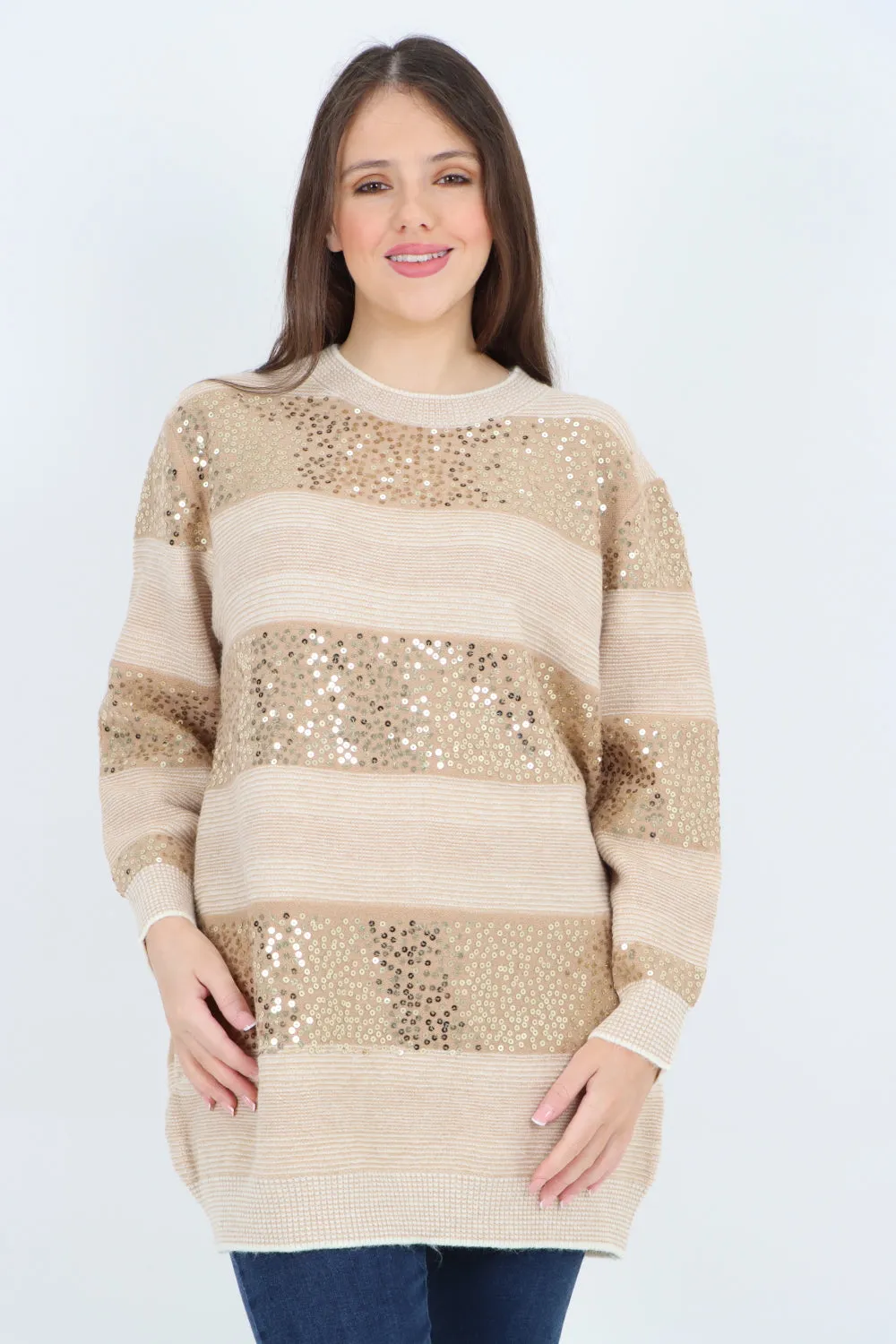 Sequin Stripe Knitted Long Sleeve Jumper Top