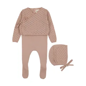 set knit jumper footie with cardigan and bonnet - pale pink