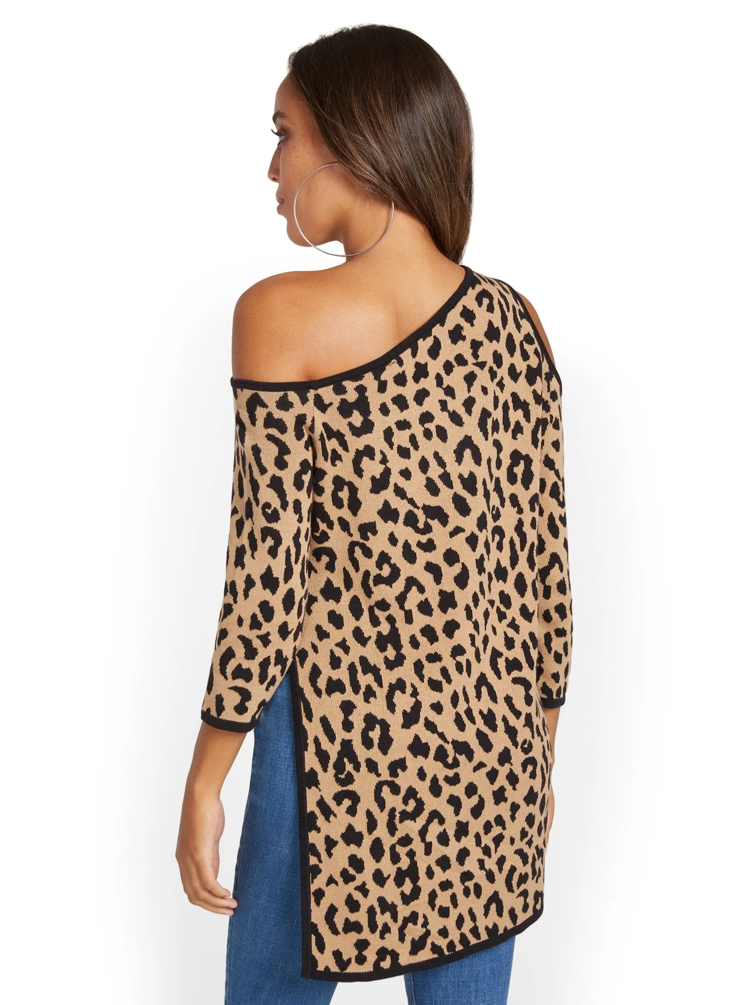 Slouchy Asymmetrical Cold-Shoulder Tunic Sweater - Leopard