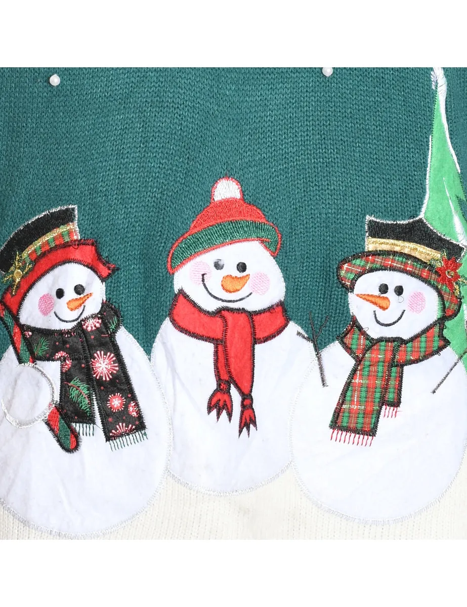 Snowman Design Green Knit Embroidered Christmas Jumper - L