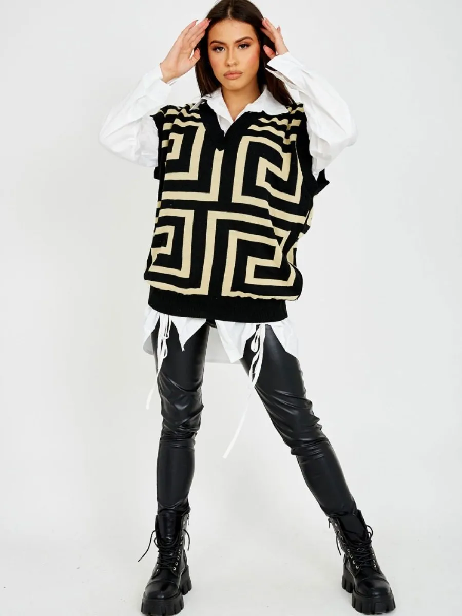 Sophie Big Illusion V-Neck Sleeveless Knitted Jumper In Black