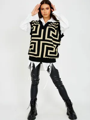 Sophie Big Illusion V-Neck Sleeveless Knitted Jumper In Black