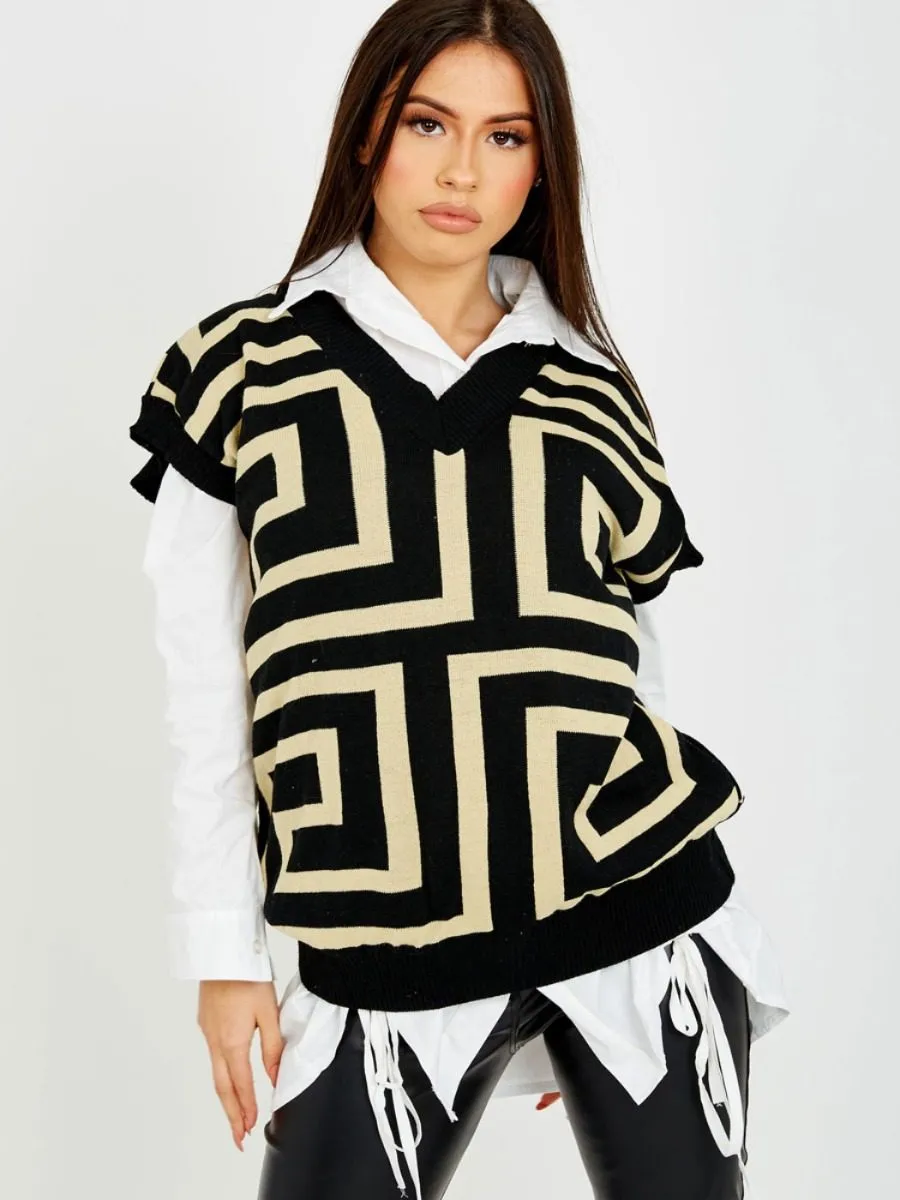 Sophie Big Illusion V-Neck Sleeveless Knitted Jumper In Black