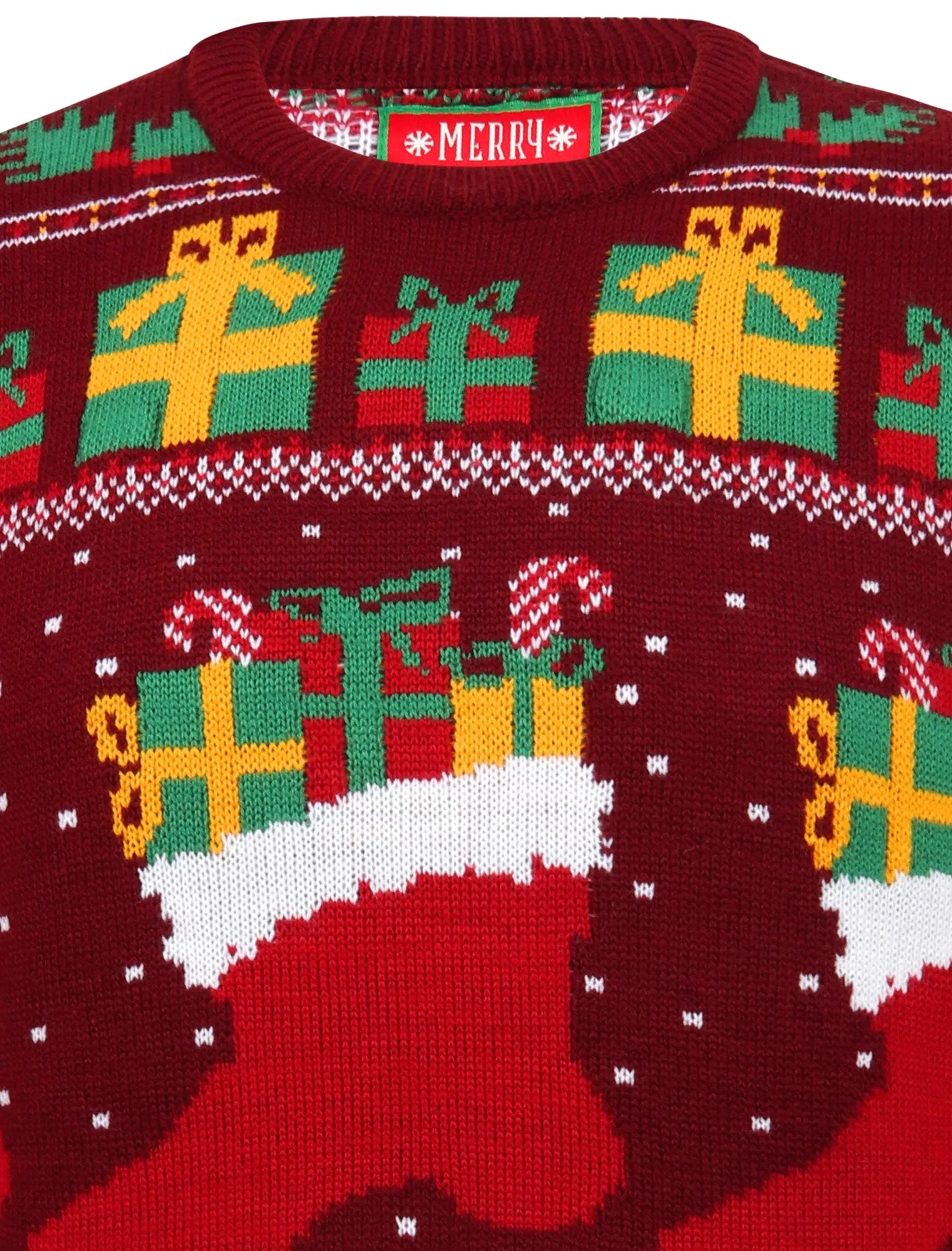 Stocking Wallpaper Print LED Light Up Novelty Christmas Jumper in Oxblood - Merry Christmas
