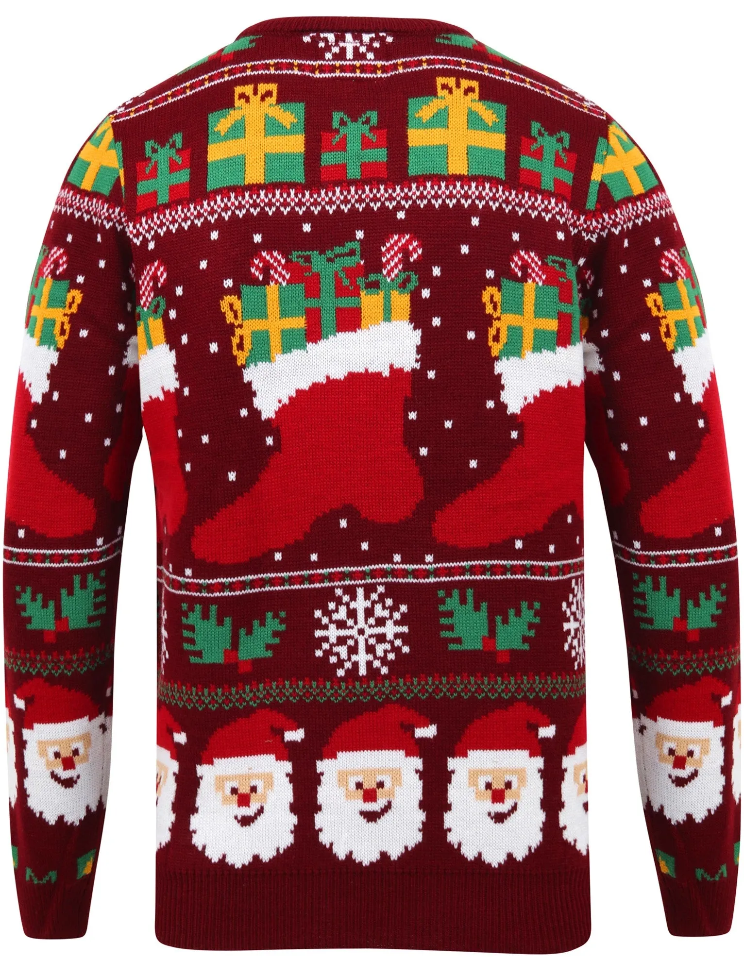 Stocking Wallpaper Print LED Light Up Novelty Christmas Jumper in Oxblood - Merry Christmas