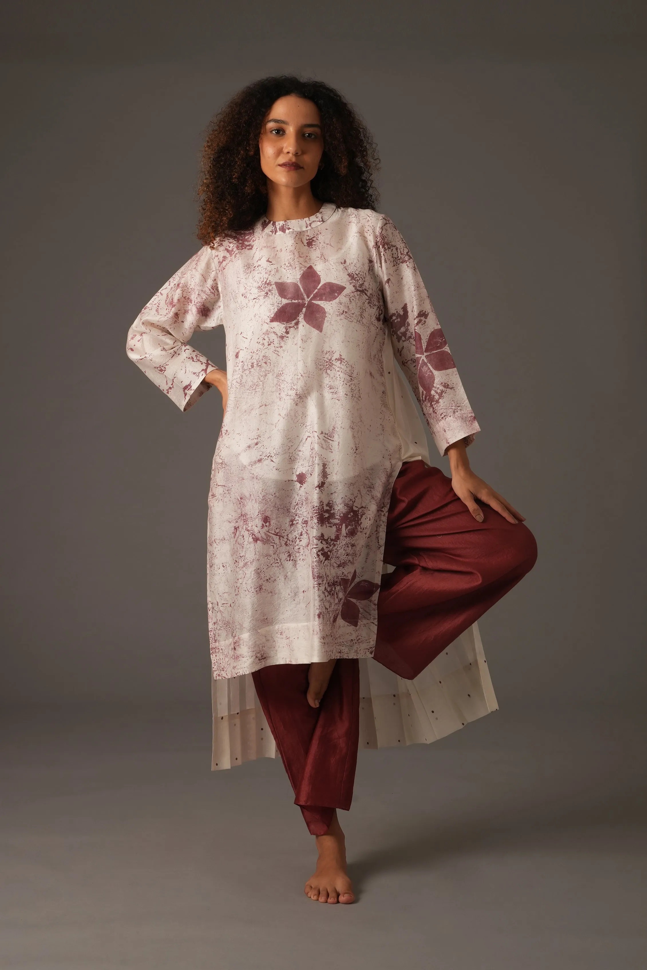 Texcher Print Round Neck Pleated dress with Pant