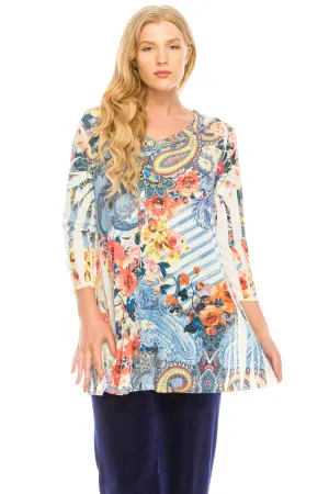 V-Nk Binding Tunic Quarter Sleeve Rhinestones-3047HT-QRU1-R-U179