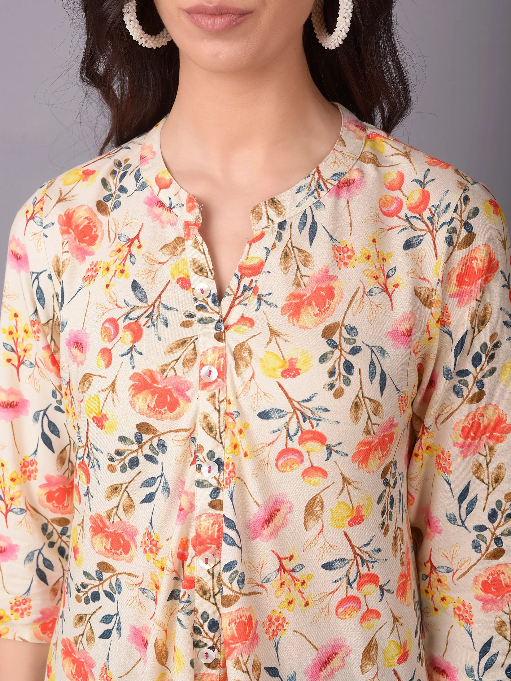 Women Off White Mandarin Collar Tunic