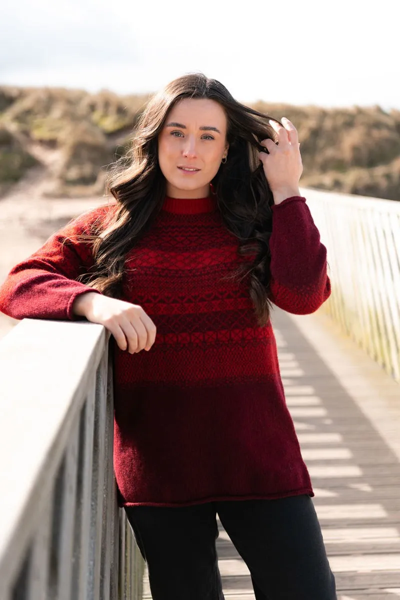 Womens Lace Fair Isle Tunic Jumper - Red