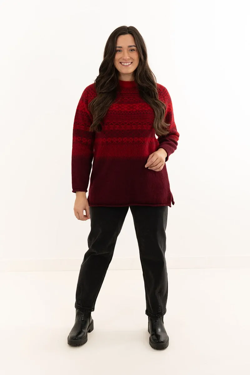 Womens Lace Fair Isle Tunic Jumper - Red
