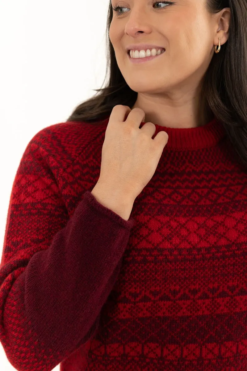 Womens Lace Fair Isle Tunic Jumper - Red