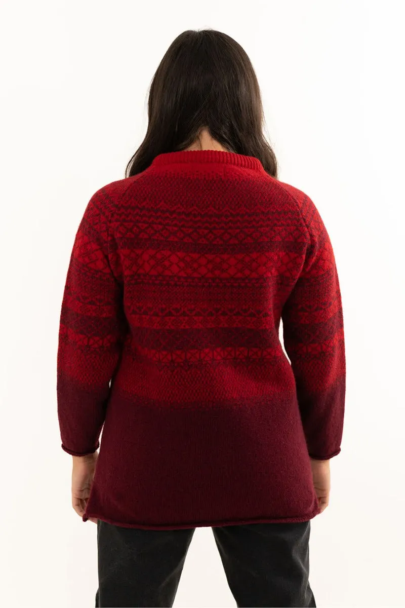 Womens Lace Fair Isle Tunic Jumper - Red