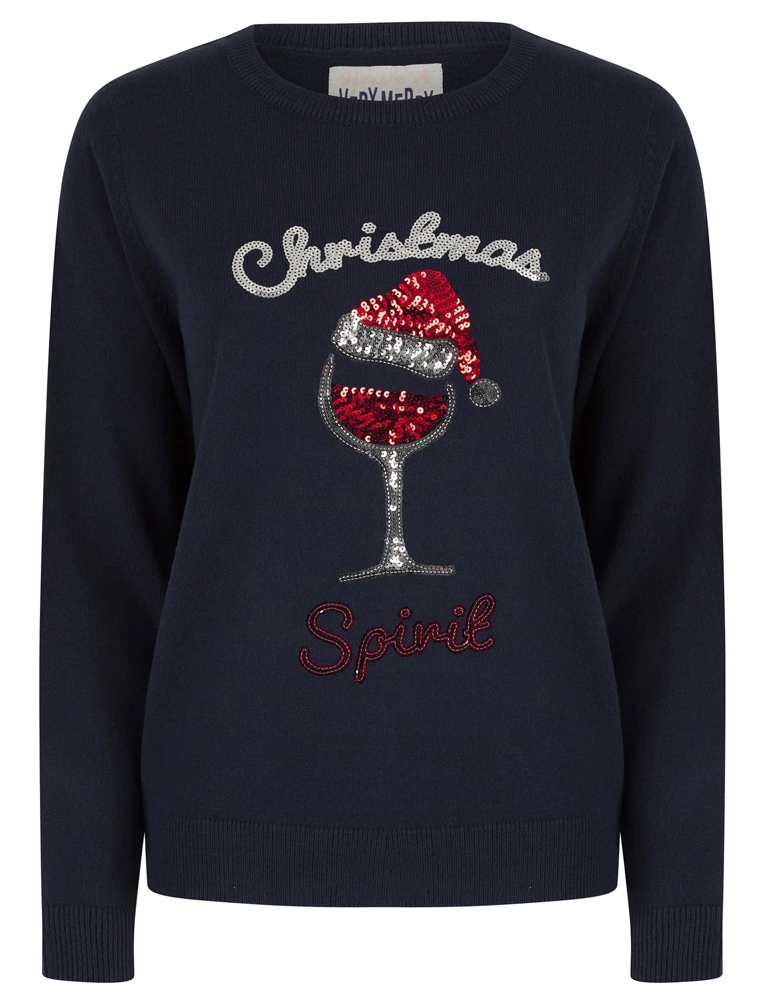 Women's Santa Wine Sequin Novelty Knitted Christmas Jumper in Ink - Merry Christmas