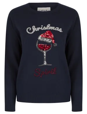 Women's Santa Wine Sequin Novelty Knitted Christmas Jumper in Ink - Merry Christmas