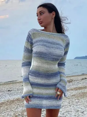 Women’s sexy open back bell sleeve striped sweater dress
