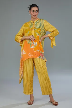 Yellow Printed High-Low Tunic & Pant Set